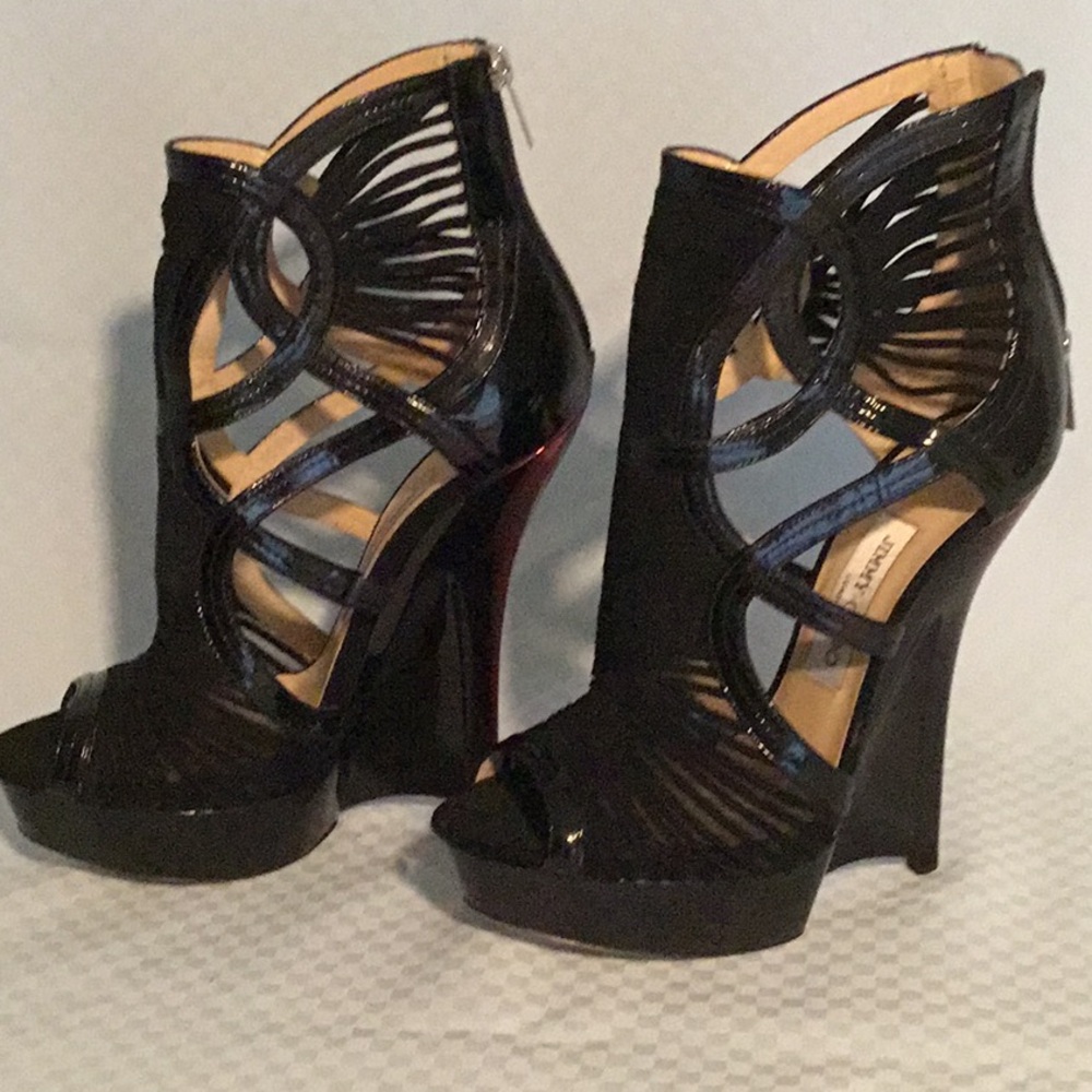 Jimmy Choo Black High Heel Wedge Sandals with Cutout Design
